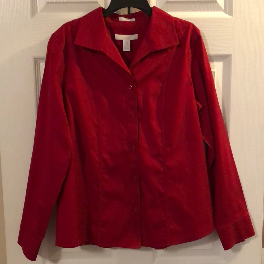 Chico’s red, button up collared shirt
